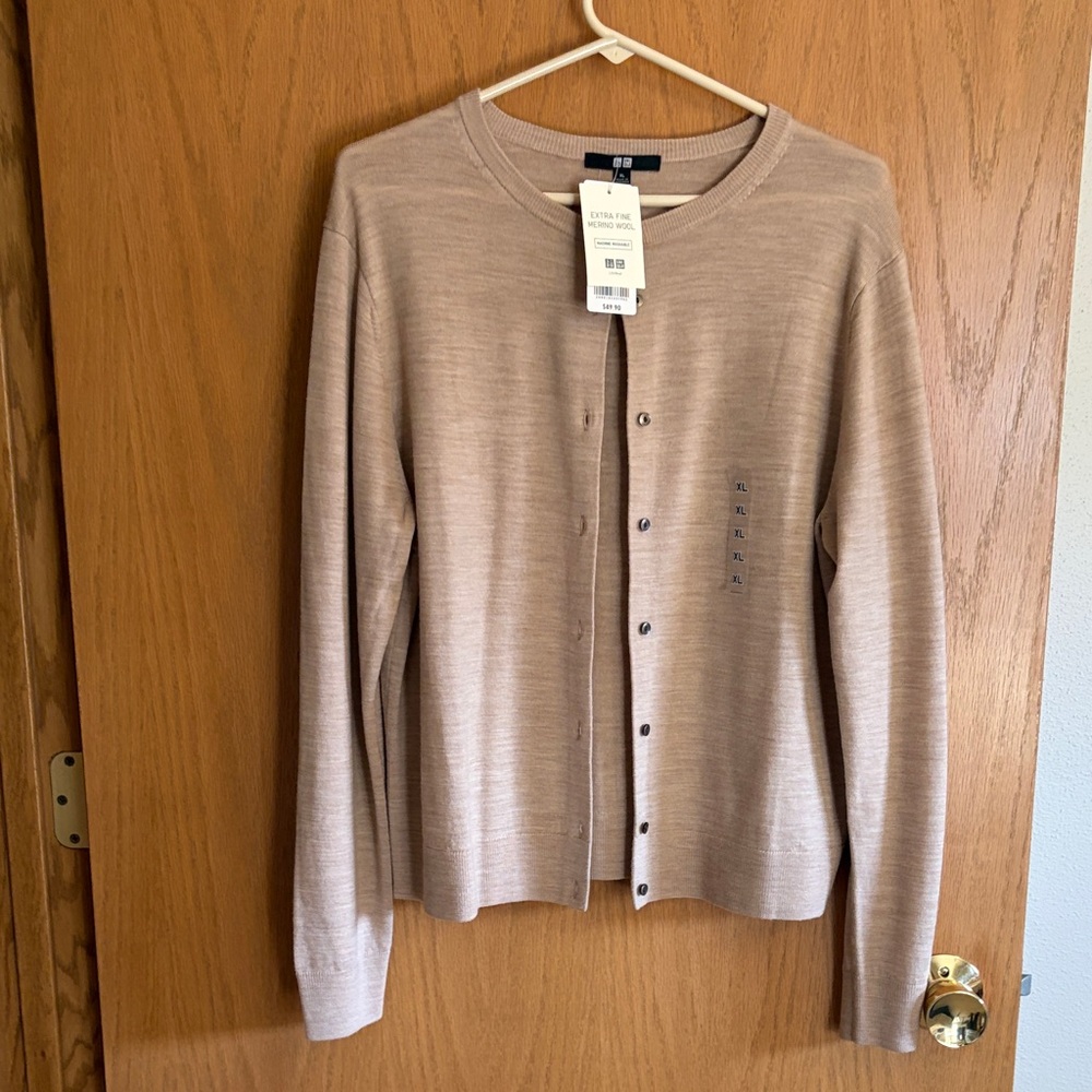 Uniqlo Light Camel Merino Wool Crewneck Cardigan
